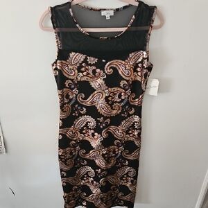 Olivia Matthews Black With Gold  Metallic Paisley Sheath Maxi Dress